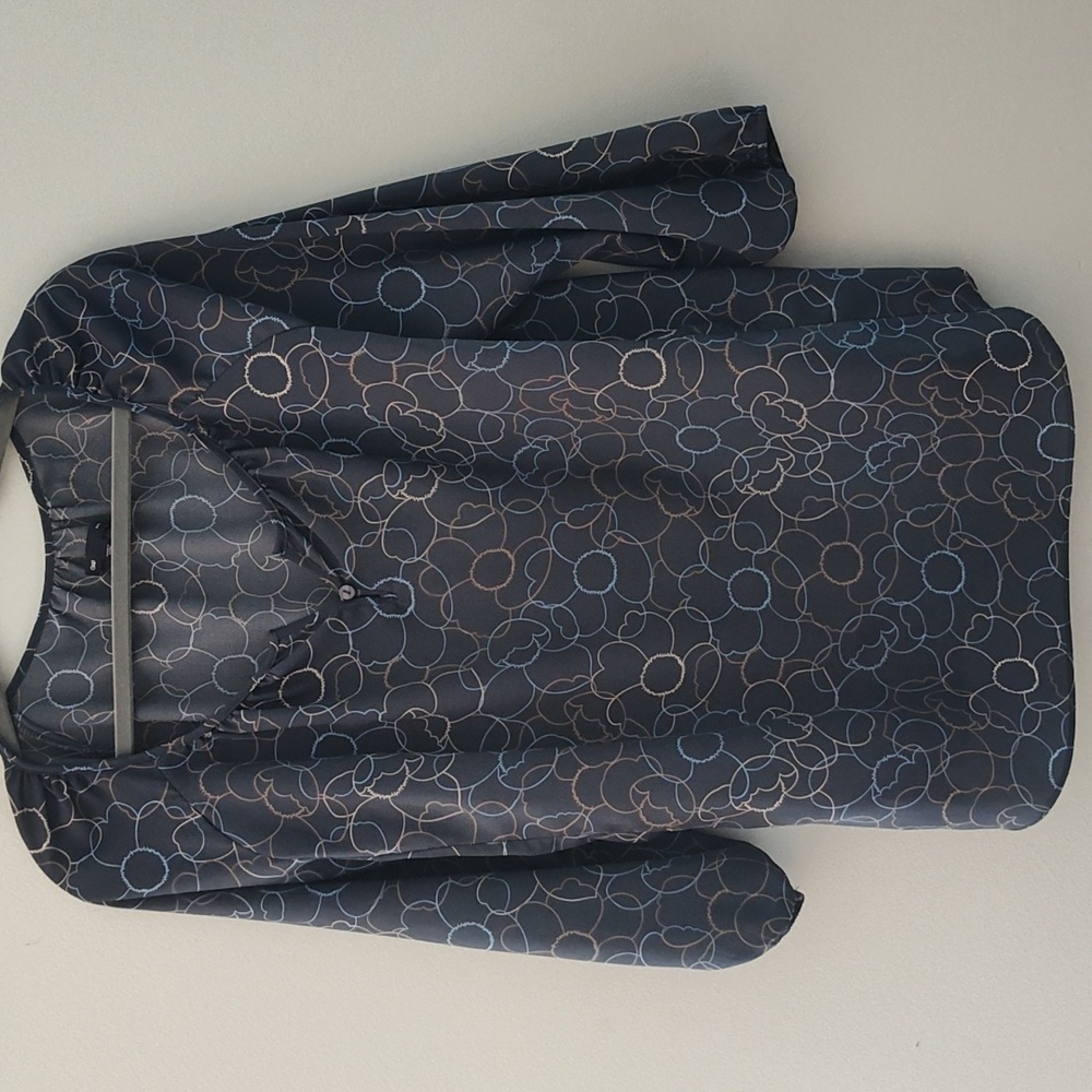 Gap Blouse Size XL Paris Print Tunic 3/4 Sleeve Blue Floral Peasant Poet Casual